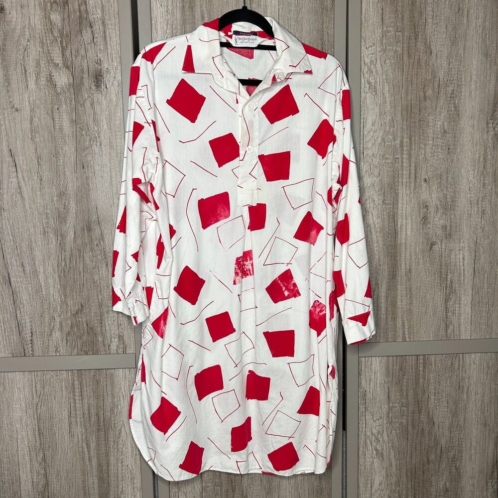 Vintage Yves Saint Laurent Nightshirt Men Size S White and Red Cotton